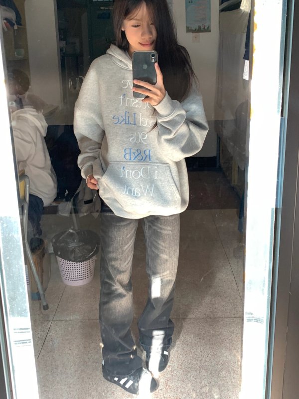 美式復古灰色衛衣女秋冬寬鬆潮牌慵懶風加絨加厚oversize連帽外套