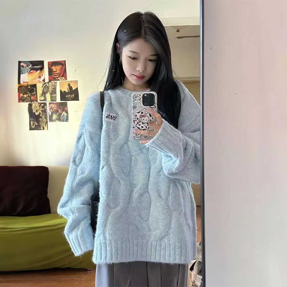 日系奶fufu麻花圓領毛衣女秋冬寬鬆慵懶風bf軟糯加厚針織衫外套潮
