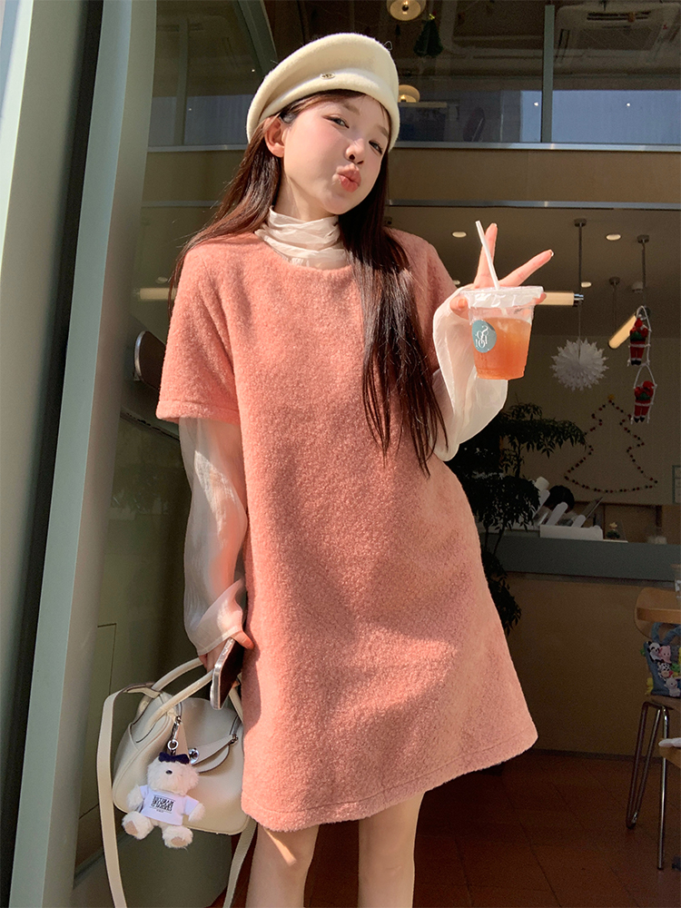 實拍 秋冬韓chic簡約糖果色短袖連衣裙套裝