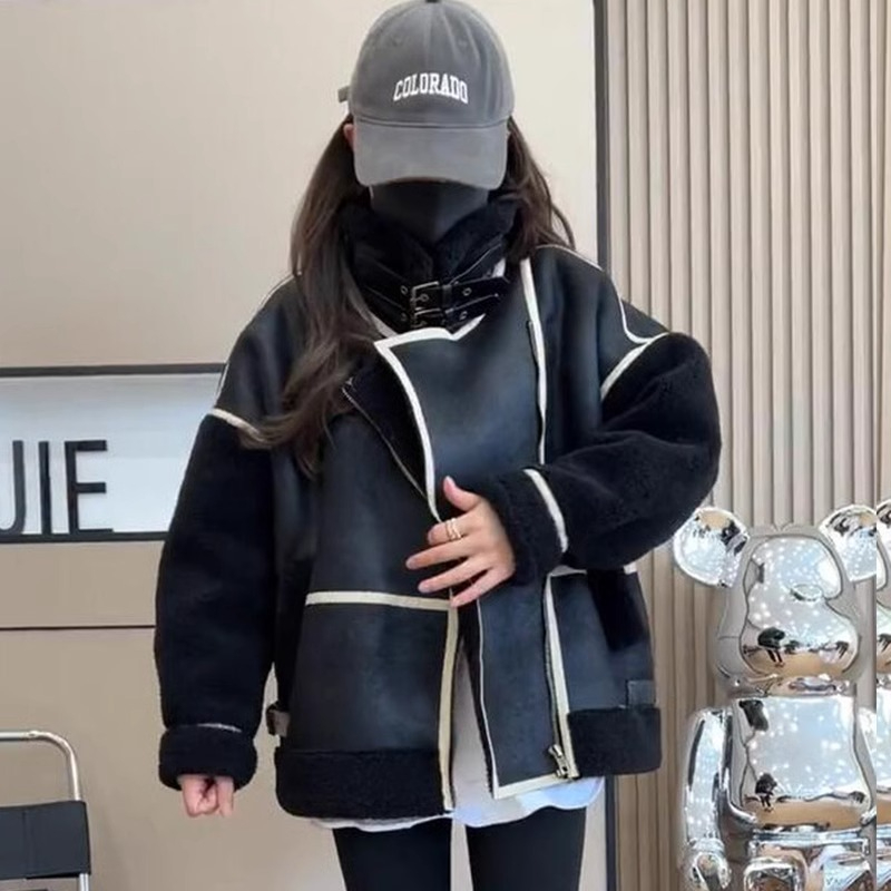 Motorcycle clothing women's winter style fur one-piece lamb wool jacket women's 2023 new winter internet celebrity jacket