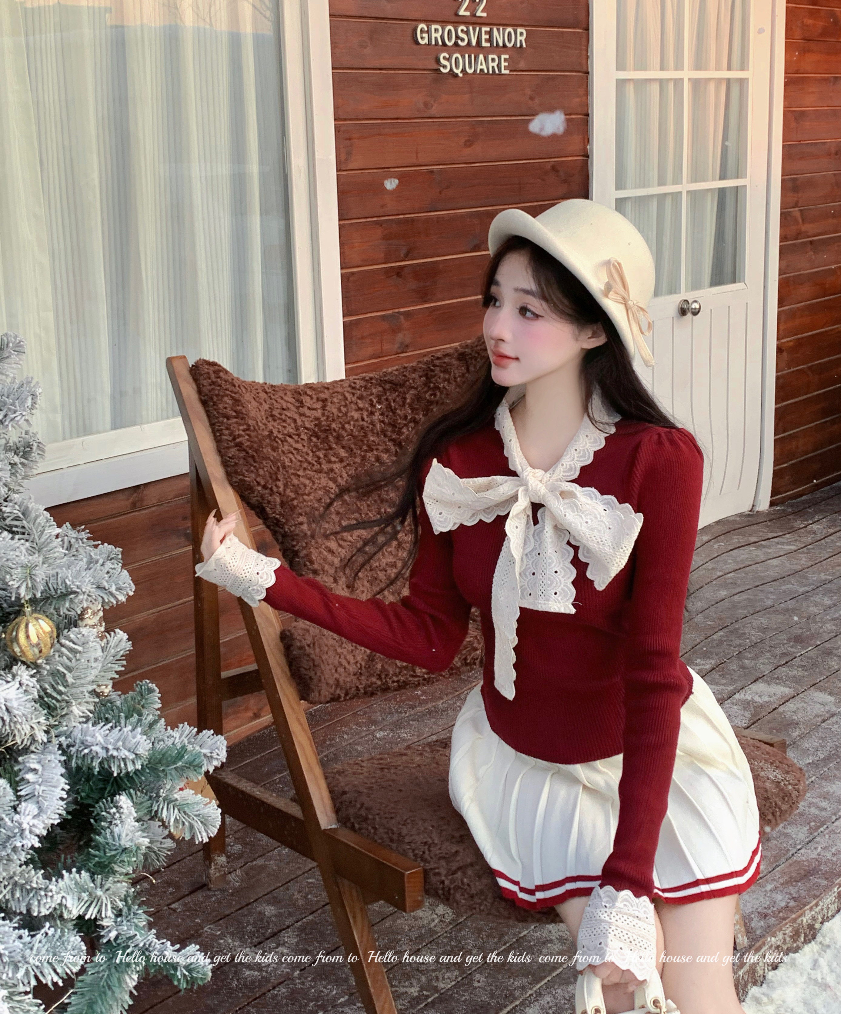 實拍~減齡少女新年紅撞色毛衣拼接蝴蝶結修身針織長袖上衣