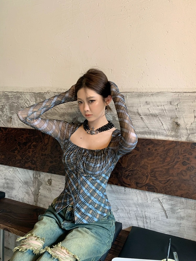 女裝撞色格紋網紗上衣褶皺防曬方領長款T恤打底衫