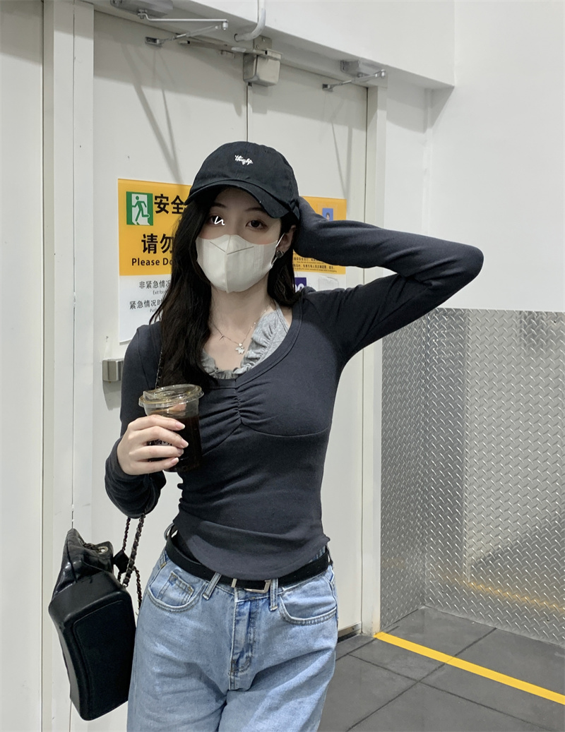 實拍~顯瘦假兩件加絨內搭加絨針織打底衫