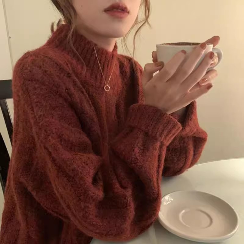 復古聖誕紅毛衣女秋冬季加厚寬鬆設計感小眾半高領內搭麻花針織衫
