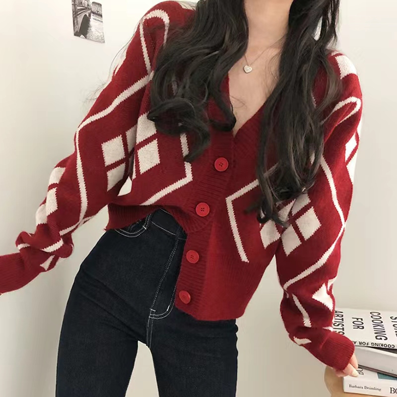 Korean style college style contrast striped sweater knitted cardigan for women plaid loose slimming short coat top