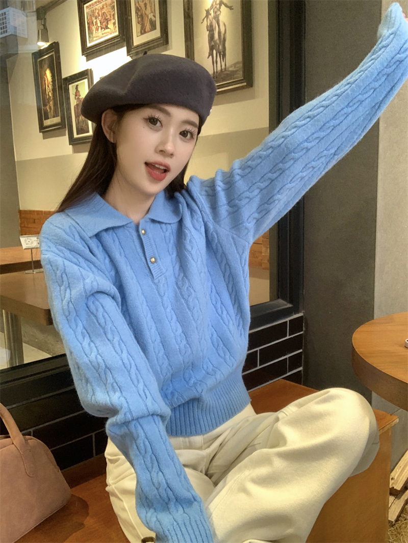實拍 美式復古polo領白色絞花毛衣女秋冬慵懶風藍色針織衫