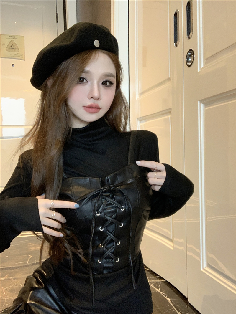 Actual shot~Pure Desire PU Leather Corset Tube Top Slim Fit Versatile Vest Long Sleeve Two-piece Top for Women