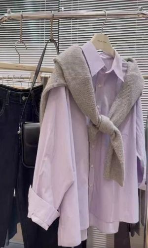 韩版小众polo领披肩衬衫女2023秋季新款网红宽松减龄紫色衬衣