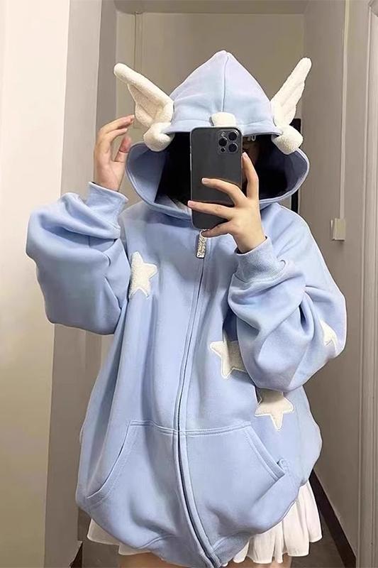 官圖仿棉華棉複合銀狐絨星星翅膀連帽衛衣女秋冬加絨外套