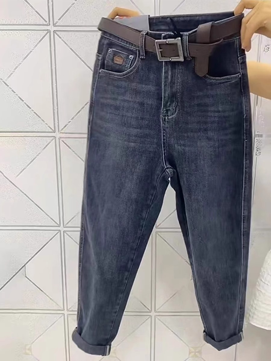 大碼女裝加絨加厚老爹牛仔褲2023年冬季胖mm寬鬆梨型身材哈倫褲子