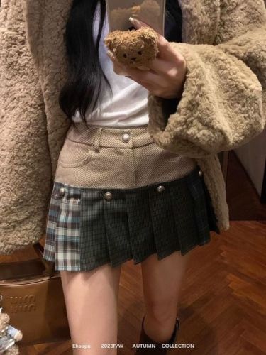 Pleated skirt women's autumn Korean version  new high-waist slimming plaid splicing design two-wear A-line skirt