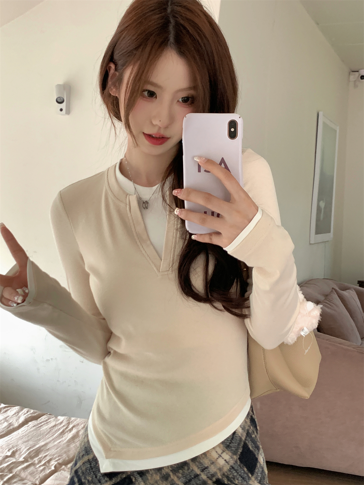 實拍 秋冬韓版修身撞色不規則假兩件設計感純棉內搭T恤上衣女
