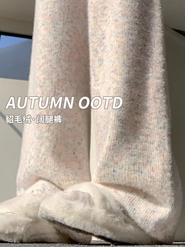 薄款原版面料 厚款複合銀狐絨彩虹針織加絨闊腿褲女