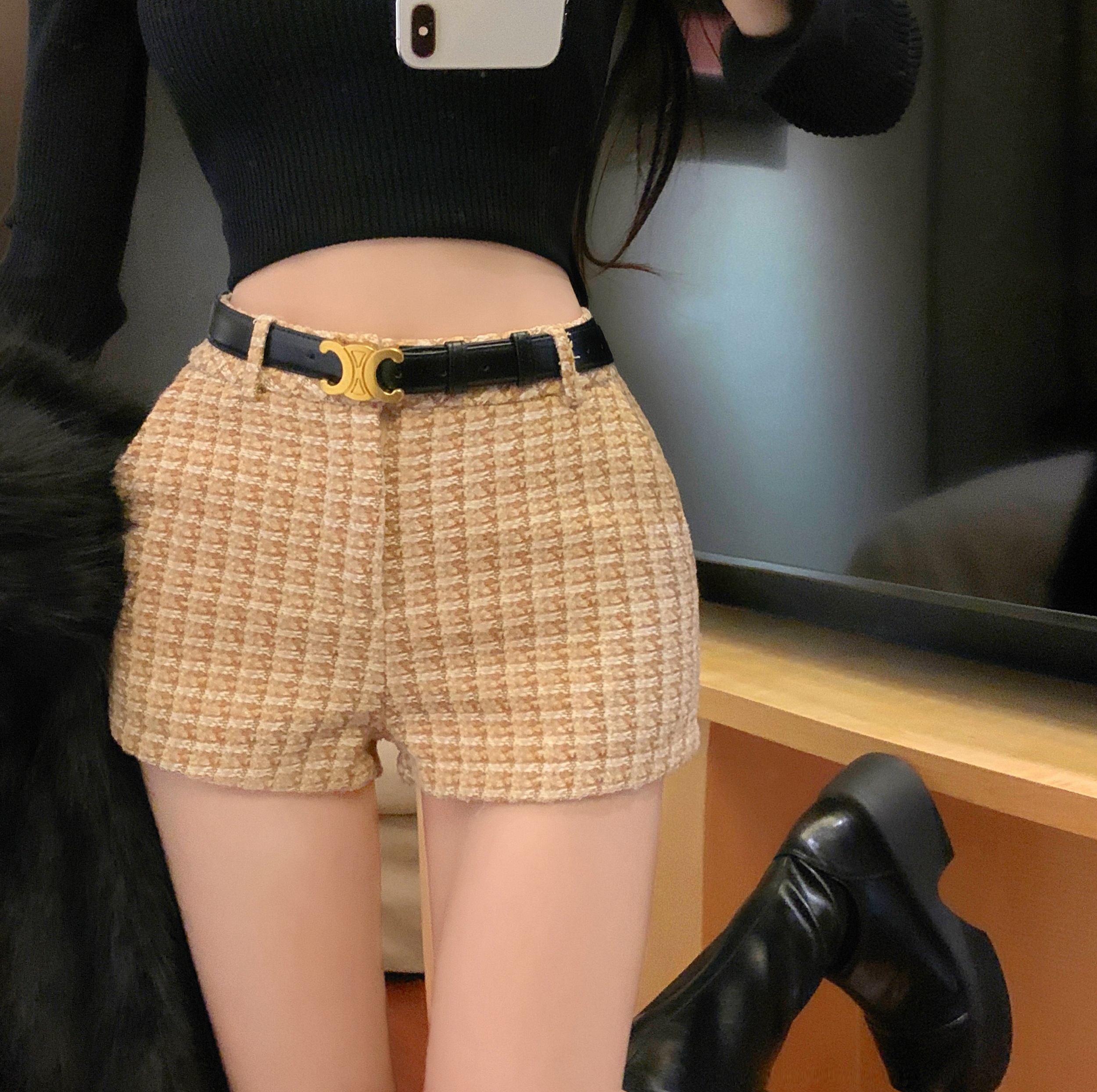 實拍~法式小香風甜美百搭皮帶收腰條紋編織毛呢短褲女熱褲
