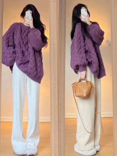 秋冬季女装新款韩版圆领麻花针织衫紫色外穿甜美毛衣女慵懒风上衣