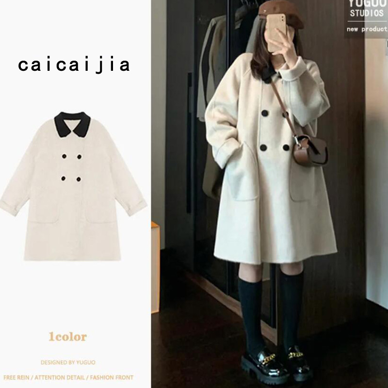 Retro contrasting color lapel mid-length woolen coat for women small Korean style loose slim versatile woolen coat for women