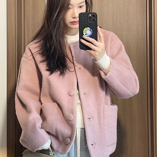 Pink short woolen coat for women 2023 autumn and winter new style woolen coat, high-end, popular for little people this year