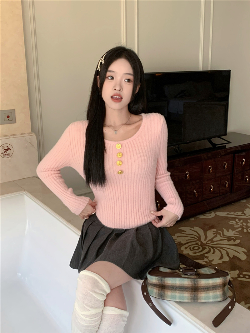 實拍 正肩毛衣女軟糯內搭小個子洋氣獨特别致短款打底衫上衣