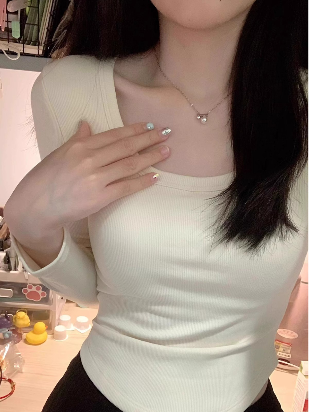 1X1磨毛短款T恤女正肩長袖打底衫秋冬德絨弧形下擺顯瘦上衣內搭