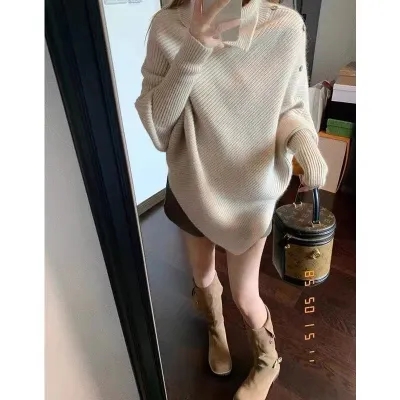 冬季新款不規則高領套頭毛衣女慵懶風軟糯寬鬆斗篷加厚針織