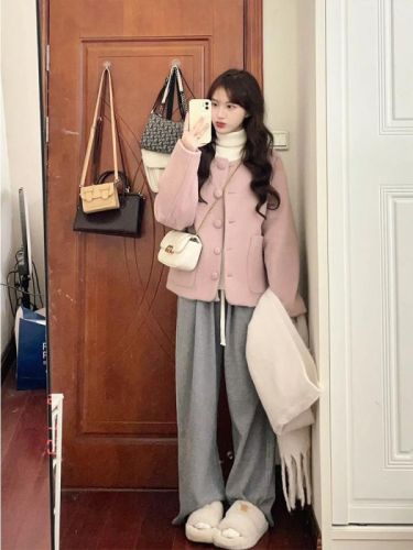 Korean simple casual versatile pink jacket  autumn and winter new style lazy style gentle temperament niche tops for women