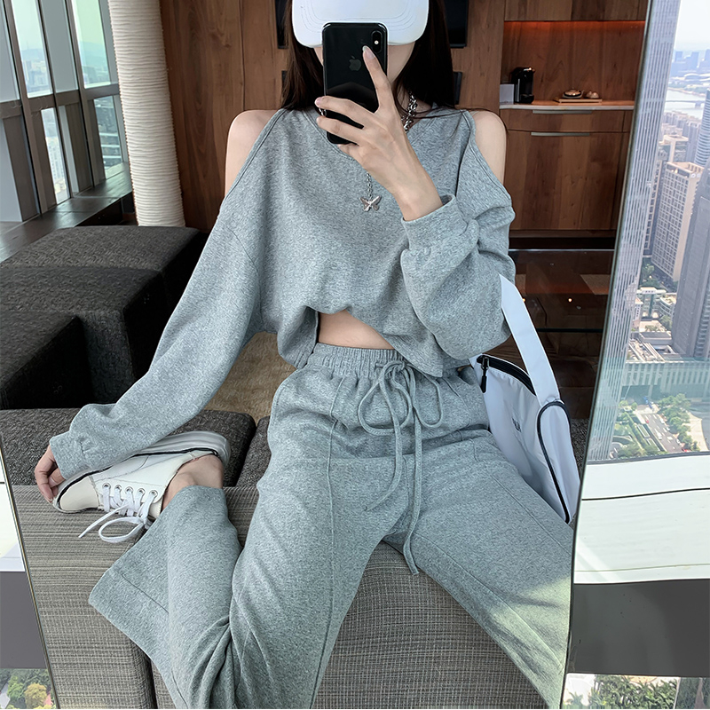 2024韓版新款秋冬季長袖露肩上衣高腰闊腿褲休閒運動兩件套裝女