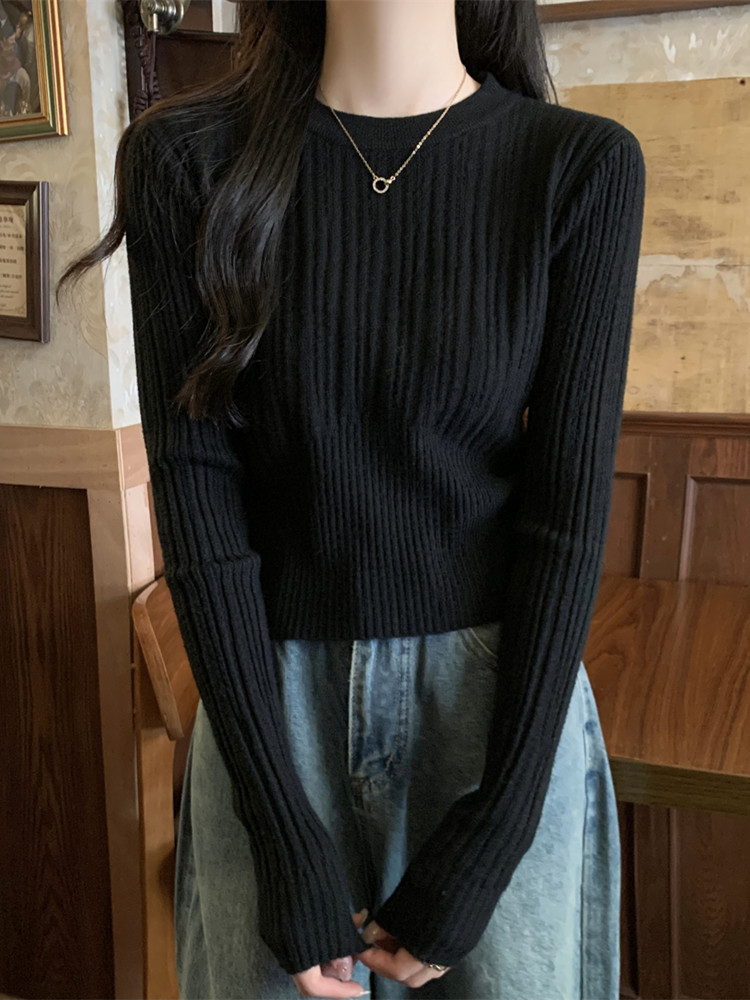 別致修身圓領打底衫女秋冬2023新款高級感毛衣內搭長袖針織衫上衣