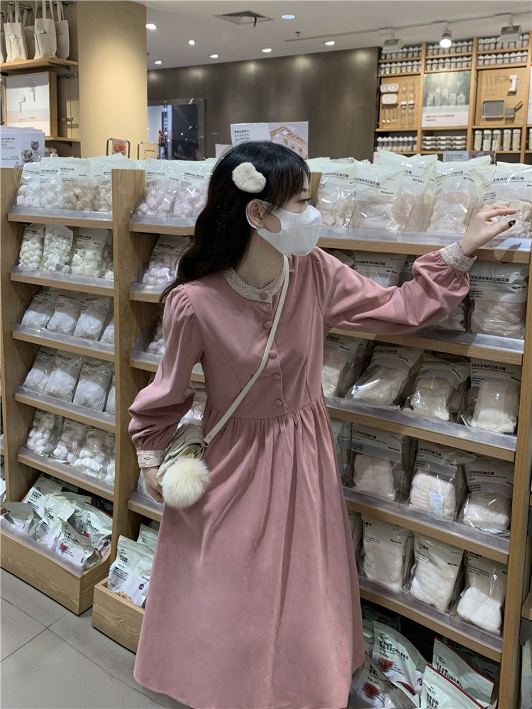 茶歇法式燈芯絨連衣裙初戀長裙