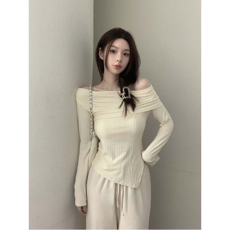 Autumn retro one-shoulder pullover slimming slit T-shirt irregular niche high-end casual top for women
