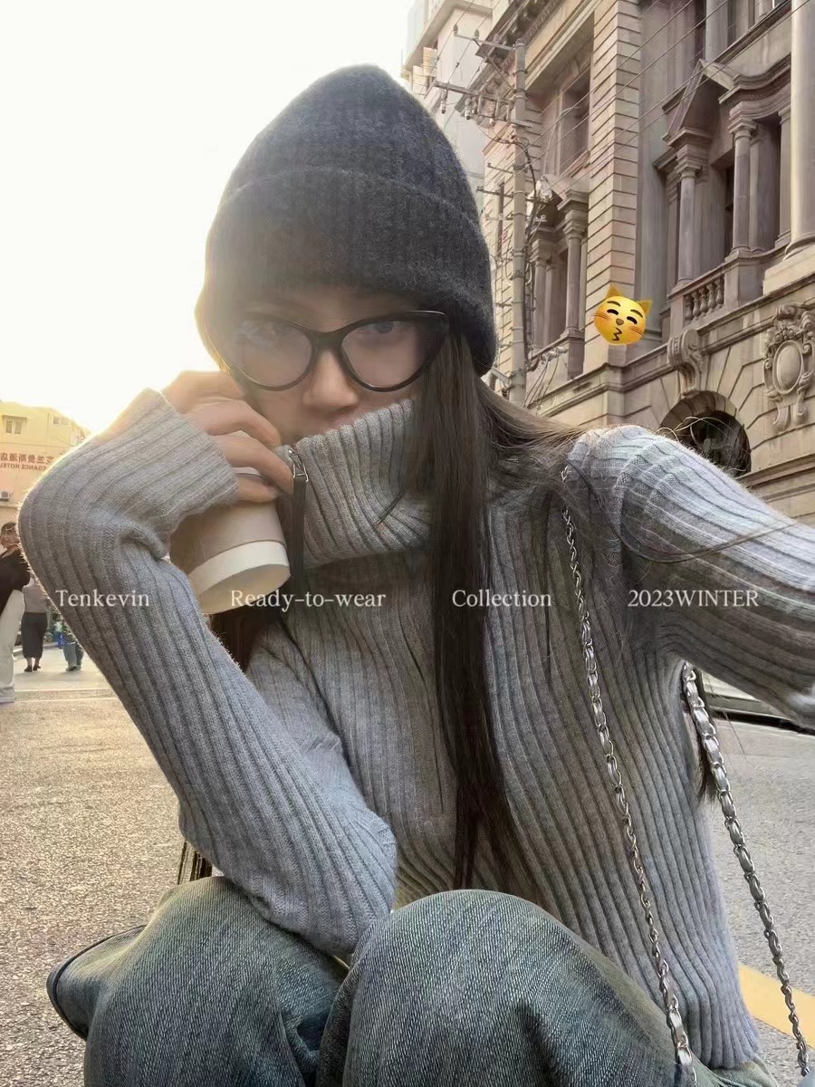 urban周末 復古灰色半拉鏈套頭毛衣女小個子高領針織衫外穿