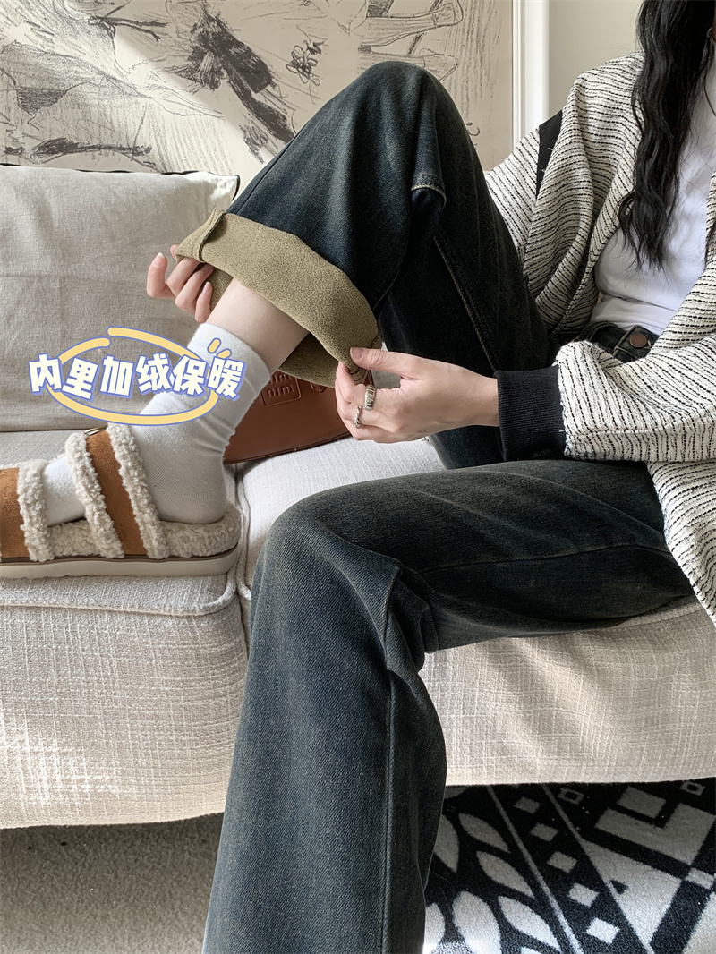 實拍 秋冬季新款抓絨磨毛加厚高腰寬鬆顯瘦長牛仔褲女