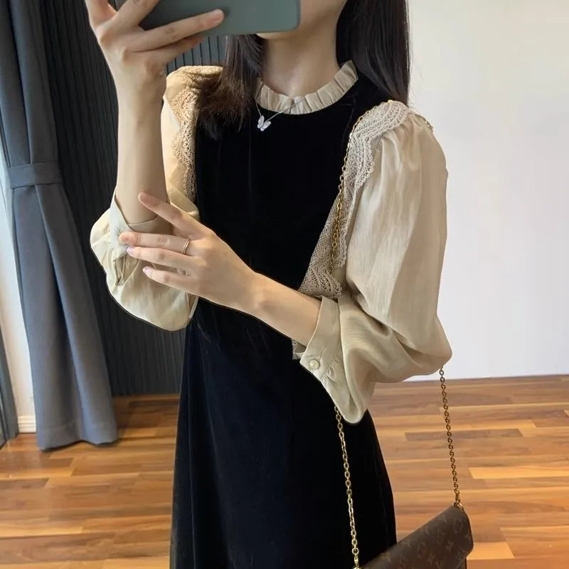 法式名媛小香風絲絨連衣裙秋冬大碼胖妹妹mm遮肚顯瘦蕾絲拼接長裙