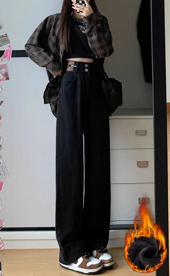 黑色加絨高腰闊腿牛仔褲女2023新款秋季直筒寬鬆小個子窄版拖地褲