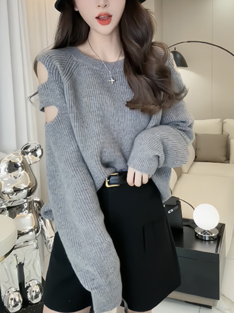 2023年秋季新款純色設計破洞袖街頭風寬鬆毛衣女套頭圓領長袖上衣