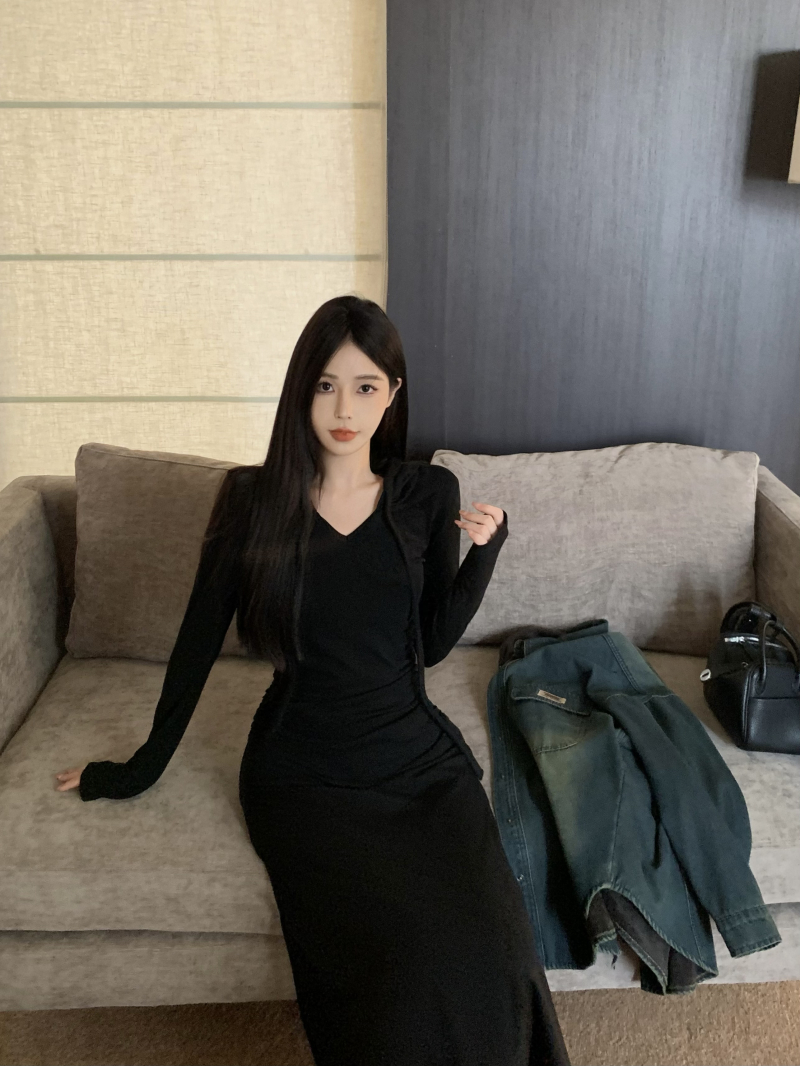 實拍 黑色針織設計辣妹包臀裙長款連帽裙＋美式復古牛仔襯衣