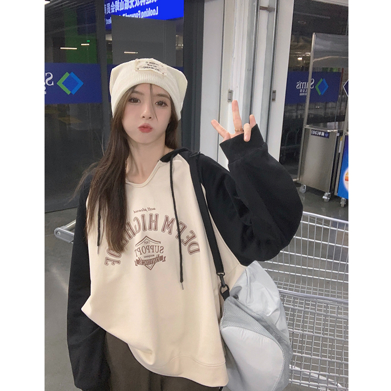 大魚鱗260克 時尚超火薄款衛衣女連帽印花拼接 後包條雙層帽上衣