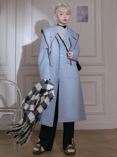 Fanxing Blue 2023 new winter navy rabbit wool coat mid-length coat loose niche design coat