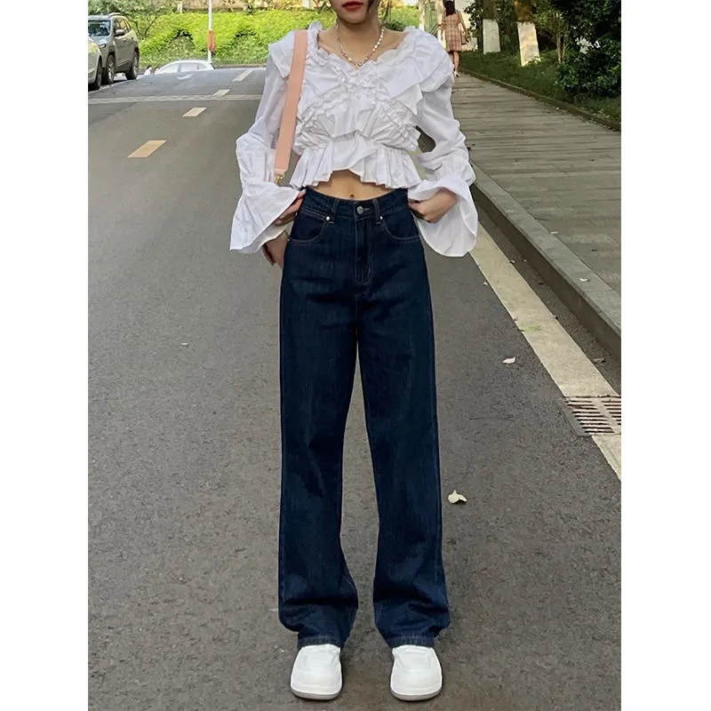 復古深藍色牛仔褲女秋季2024年新款寬鬆高腰顯瘦直筒闊腿拖地褲子