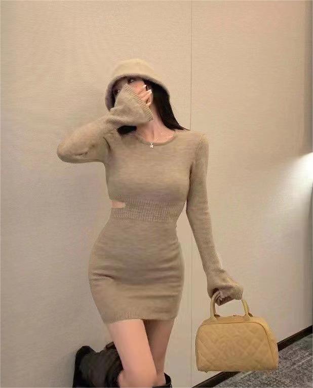 Waist hollow knitted dress for women, autumn and winter retro temperament, sexy hip-hugging skirt, slim long-sleeved sweater skirt