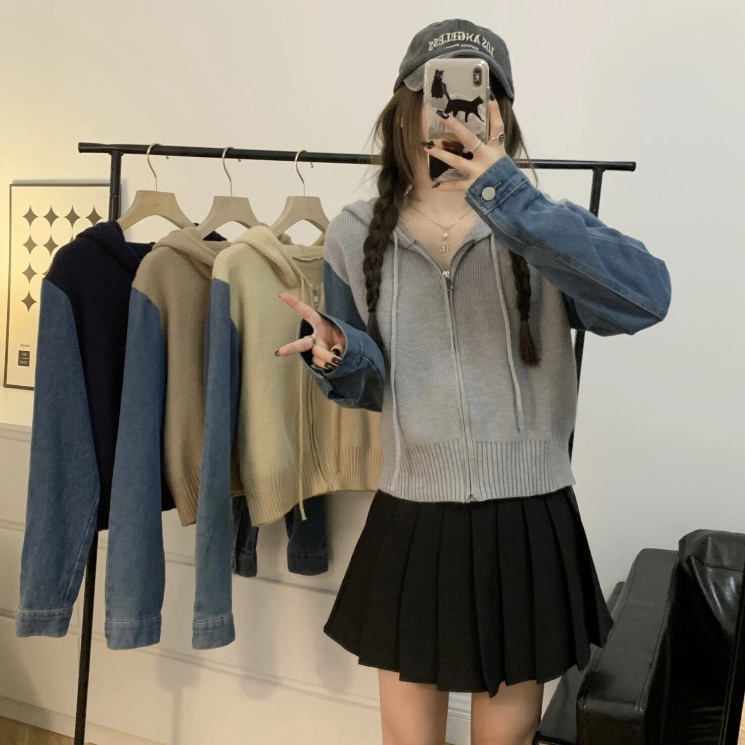 牛仔拼接毛衣外套女秋冬新款設計感小眾針織開衫寬鬆短款長袖上衣