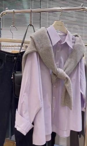 韩版小众polo领披肩衬衫女2023秋季新款网红宽松减龄紫色衬衣