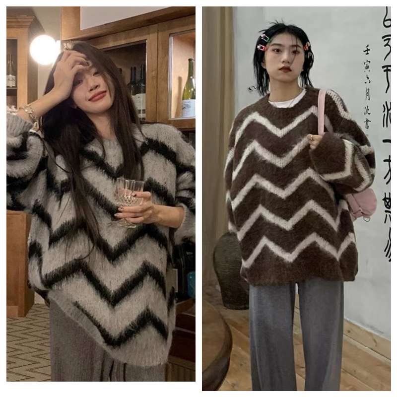 軟糯馬海毛斑馬紋毛衣女冬加厚復古日系慵懶風寬鬆外穿設計感小眾