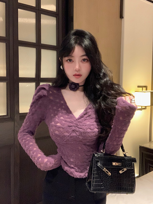 設計感小眾蕾絲衫配圍脖修身顯瘦法式V領內搭上衣