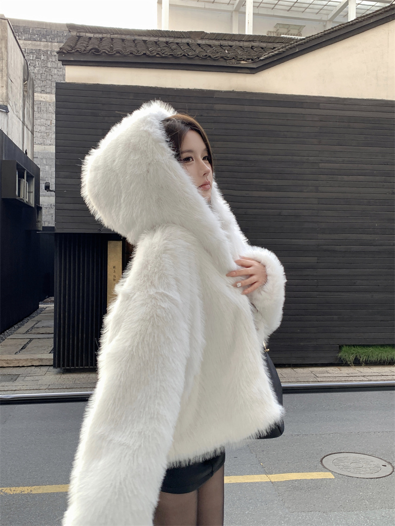 Real shot of imitation fur fox fur loose plush hooded cardigan fur coat thickened warm coat