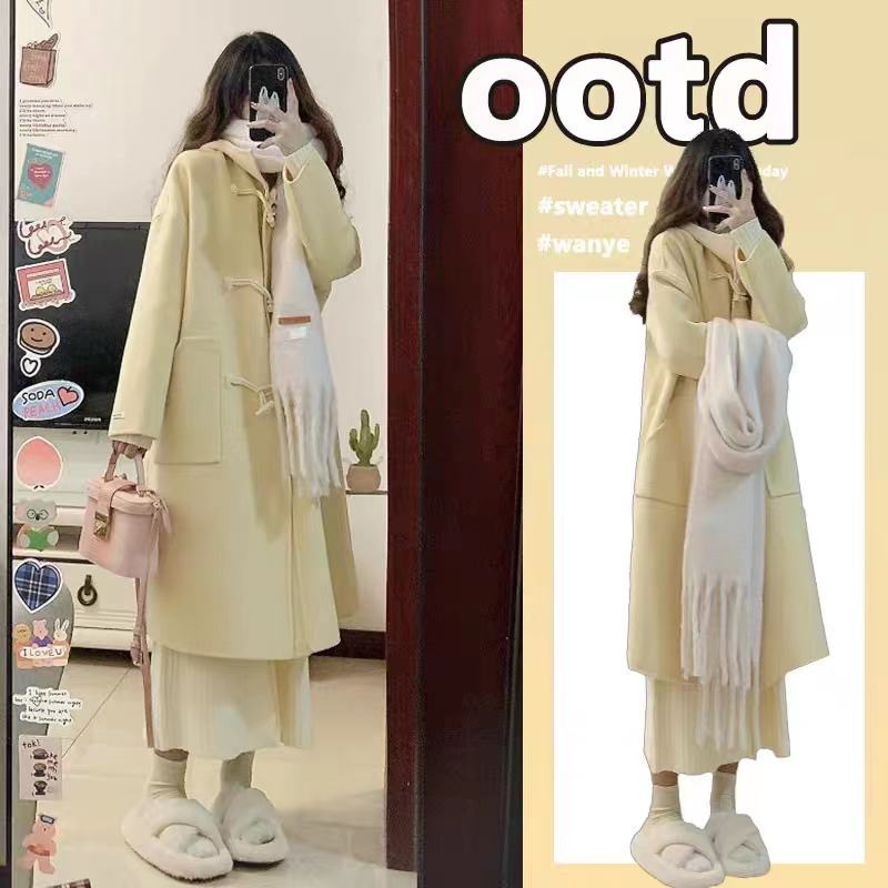 Horn button thickened woolen coat for women 2023 autumn and winter new style woolen coat Korean style small people are popular this year