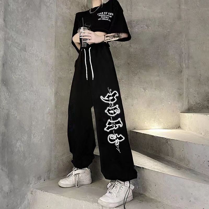 抽繩街舞hiphop嘻哈運動褲女高腰寬鬆休閒爵士jazz跳舞長褲子ins