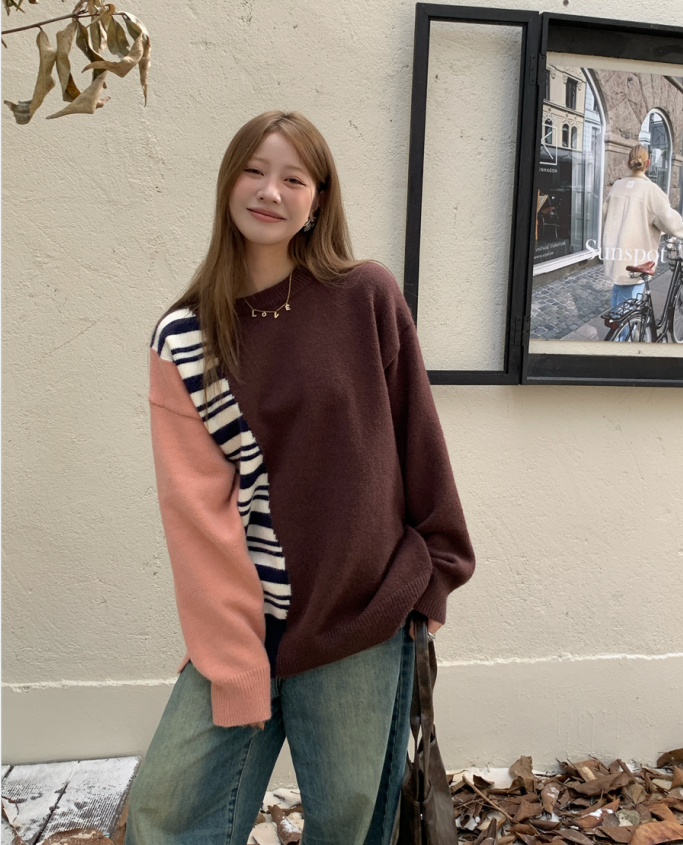 實拍！美式條紋拼接寬鬆毛衣慵懶風撞色百搭針織上衣女