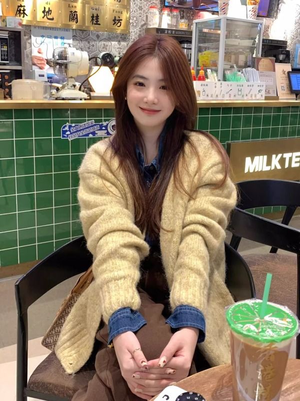 黃色浣熊絨毛衣開衫女秋冬季寬鬆慵懶風溫柔軟糯奶呼呼針織衫外套
