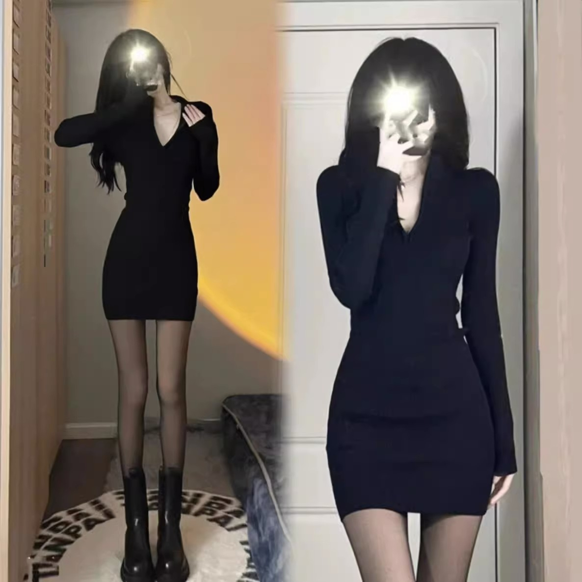 半高領性感辣妹彈力緊身螺紋長袖連衣裙女春秋包臀收腰短裙小黑裙