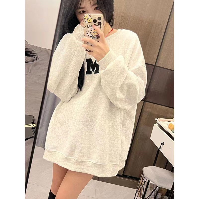 美式復古秋冬圓領ins衛衣女新款2023加絨寬鬆情侶上衣無帽外套女